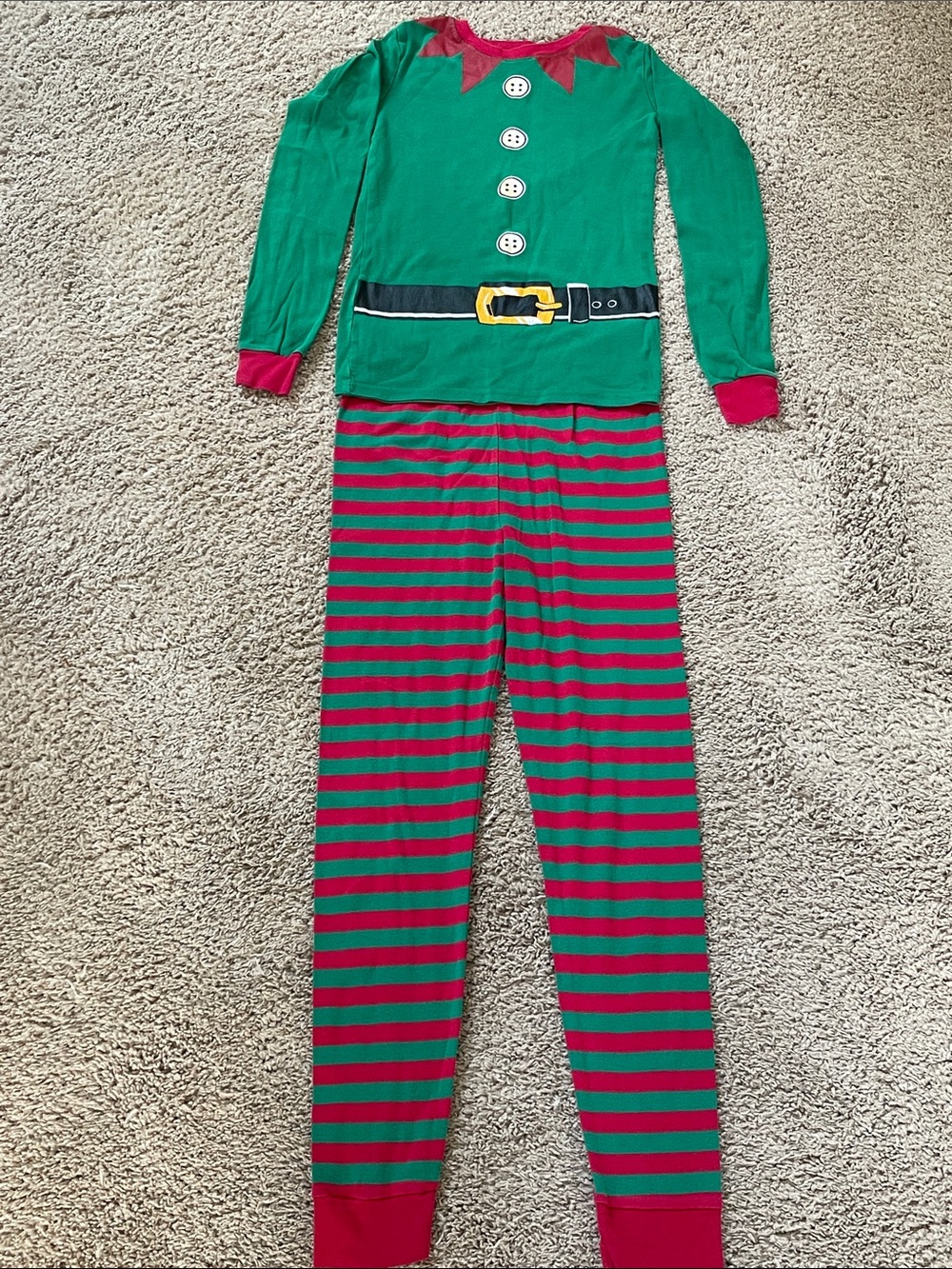 The Children’s Place 2 piece red & green “elf” suit pj set, Size 16.